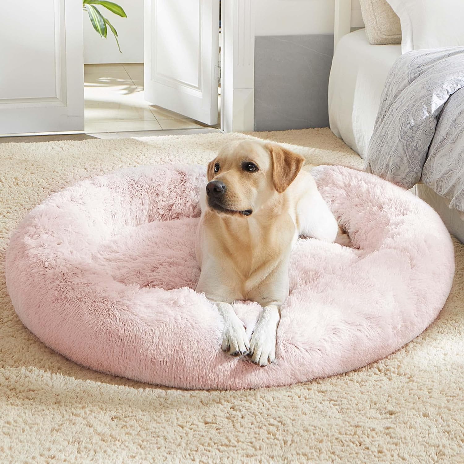 WESTERN HOME WH Calming Soft Round Dog & Cat Bed, Anti-Anxiety Donut Cuddler Warming Cozy Fluffy Faux Fur Plush Cushion Bed for Small Medium Dogs and Cats (20"/24"/27"/30"), Light Grey