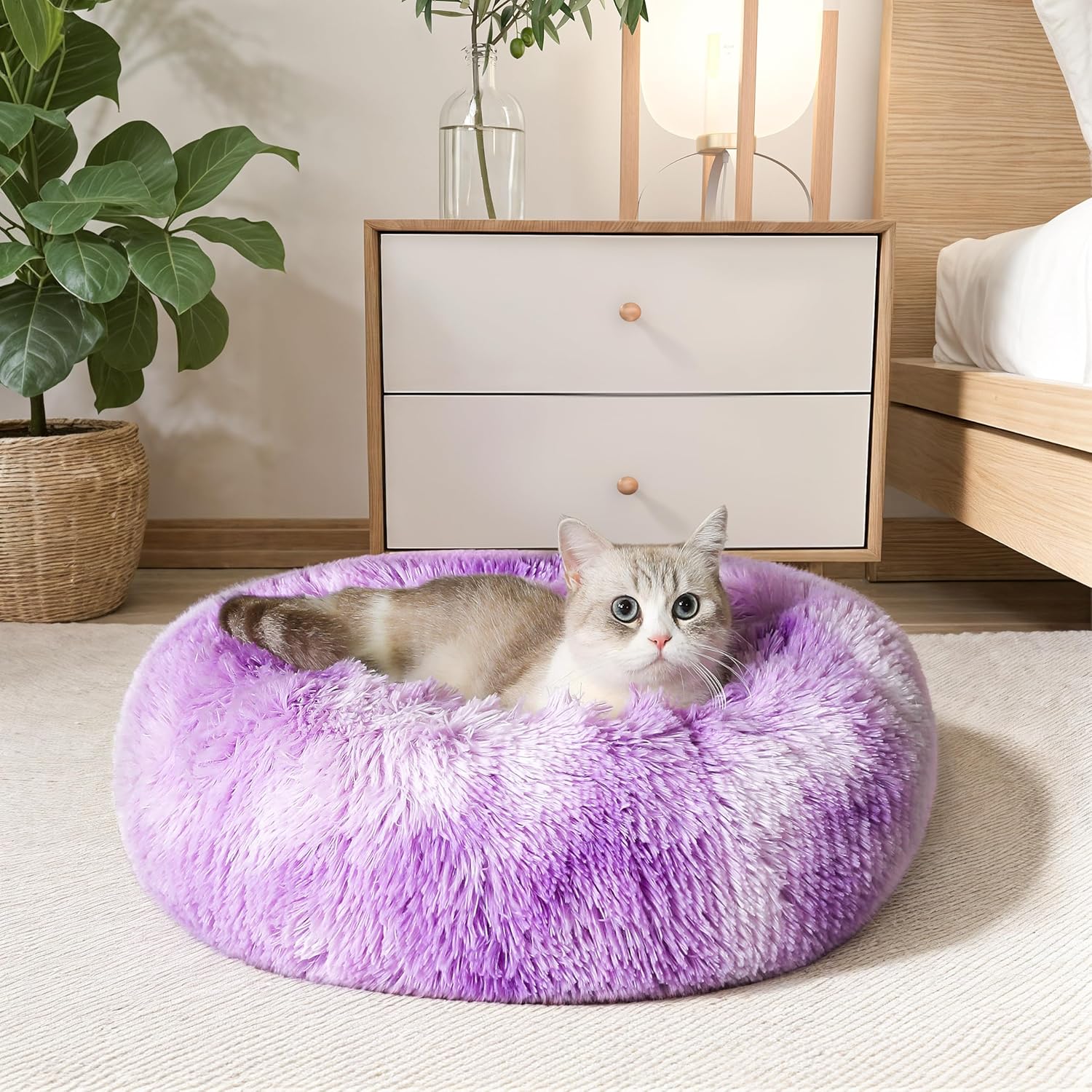 WESTERN HOME WH Calming Soft Round Dog & Cat Bed, Anti-Anxiety Donut Cuddler Warming Cozy Fluffy Faux Fur Plush Cushion Bed for Small Medium Dogs and Cats (20"/24"/27"/30"), Light Grey