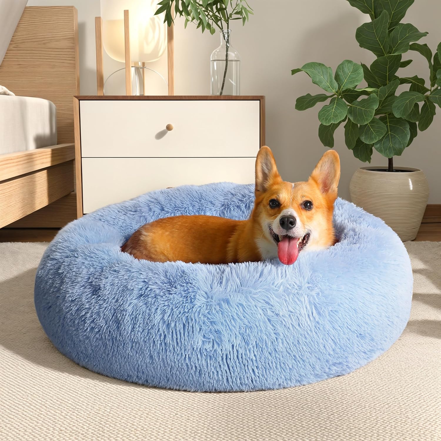 WESTERN HOME WH Calming Soft Round Dog & Cat Bed, Anti-Anxiety Donut Cuddler Warming Cozy Fluffy Faux Fur Plush Cushion Bed for Small Medium Dogs and Cats (20"/24"/27"/30"), Light Grey