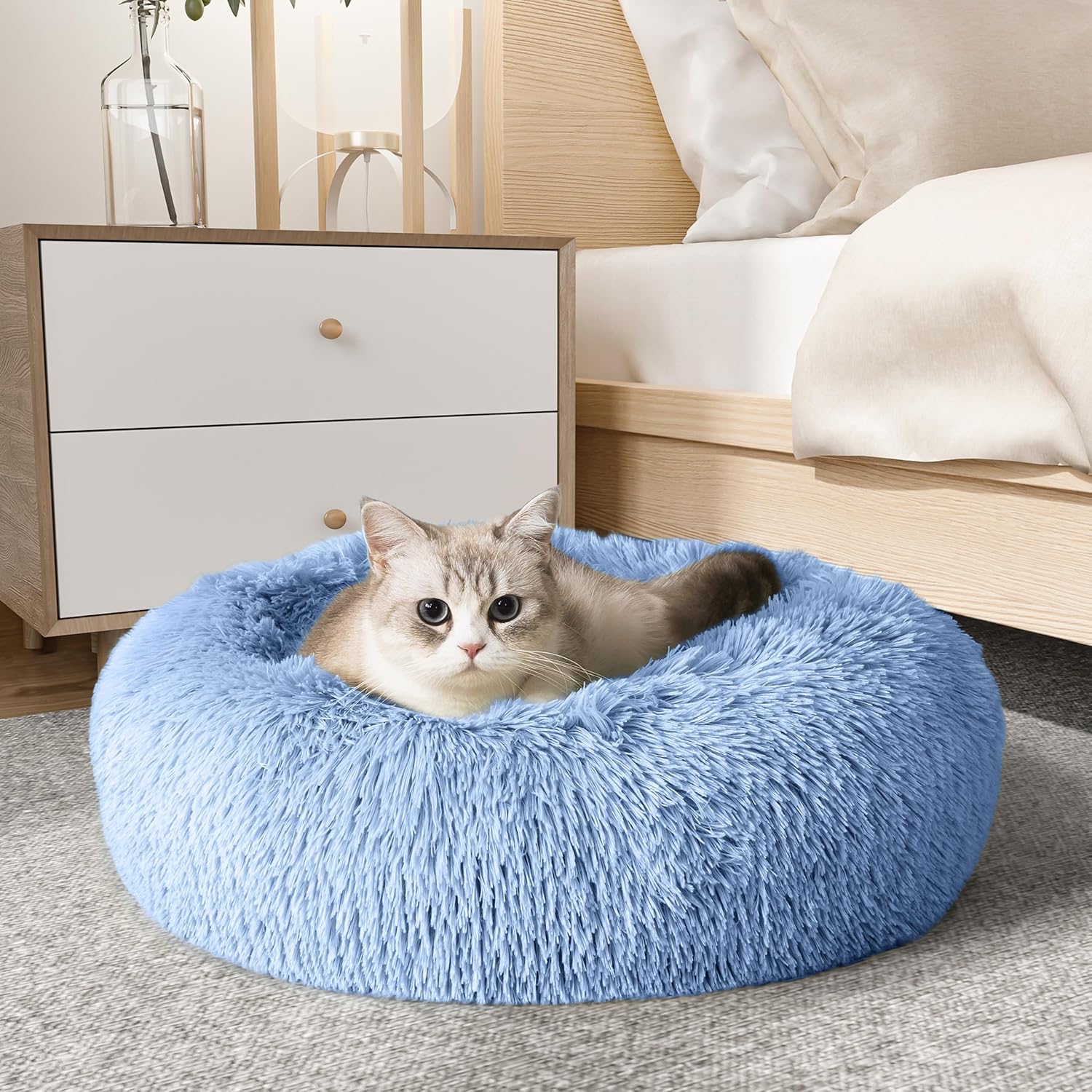 WESTERN HOME WH Calming Soft Round Dog & Cat Bed, Anti-Anxiety Donut Cuddler Warming Cozy Fluffy Faux Fur Plush Cushion Bed for Small Medium Dogs and Cats (20"/24"/27"/30"), Light Grey
