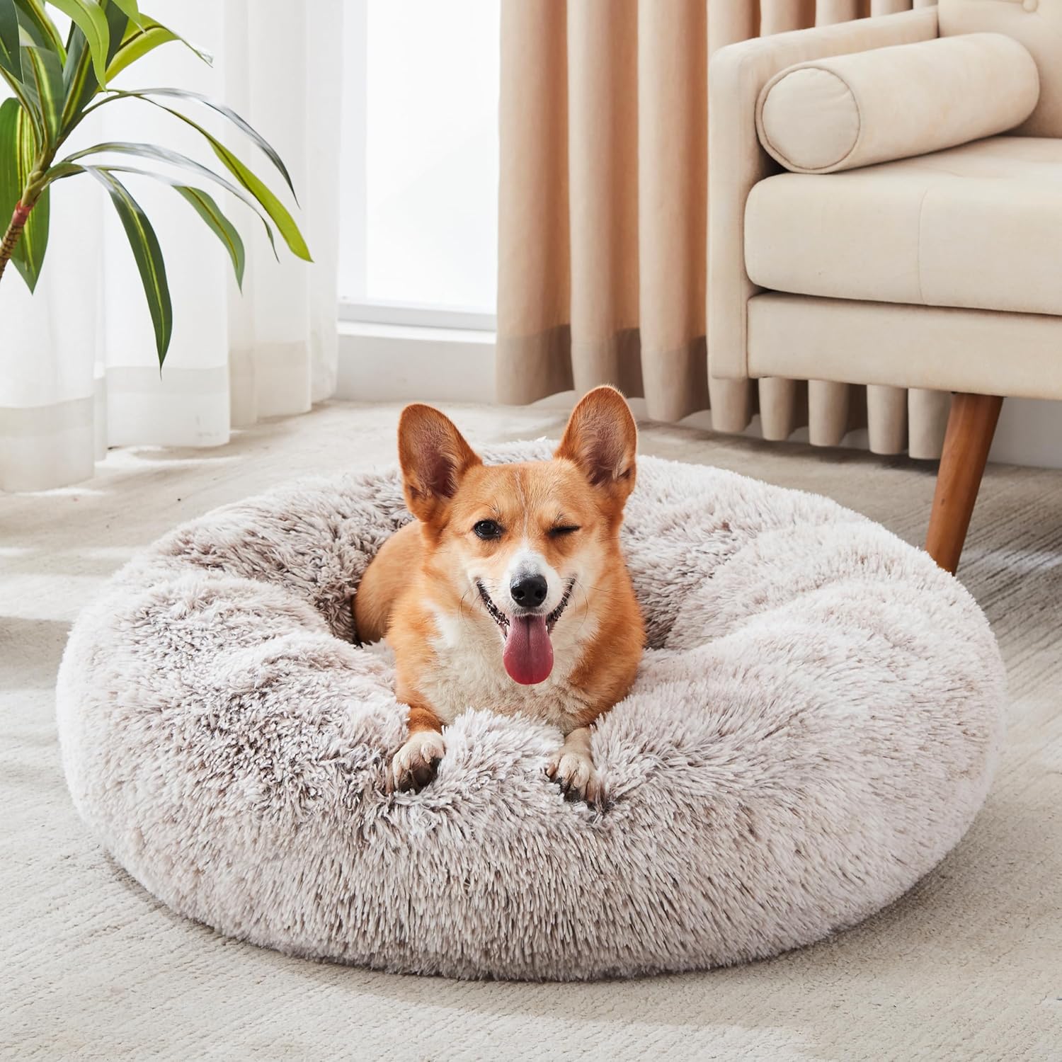 WESTERN HOME WH Calming Soft Round Dog & Cat Bed, Anti-Anxiety Donut Cuddler Warming Cozy Fluffy Faux Fur Plush Cushion Bed for Small Medium Dogs and Cats (20"/24"/27"/30"), Light Grey