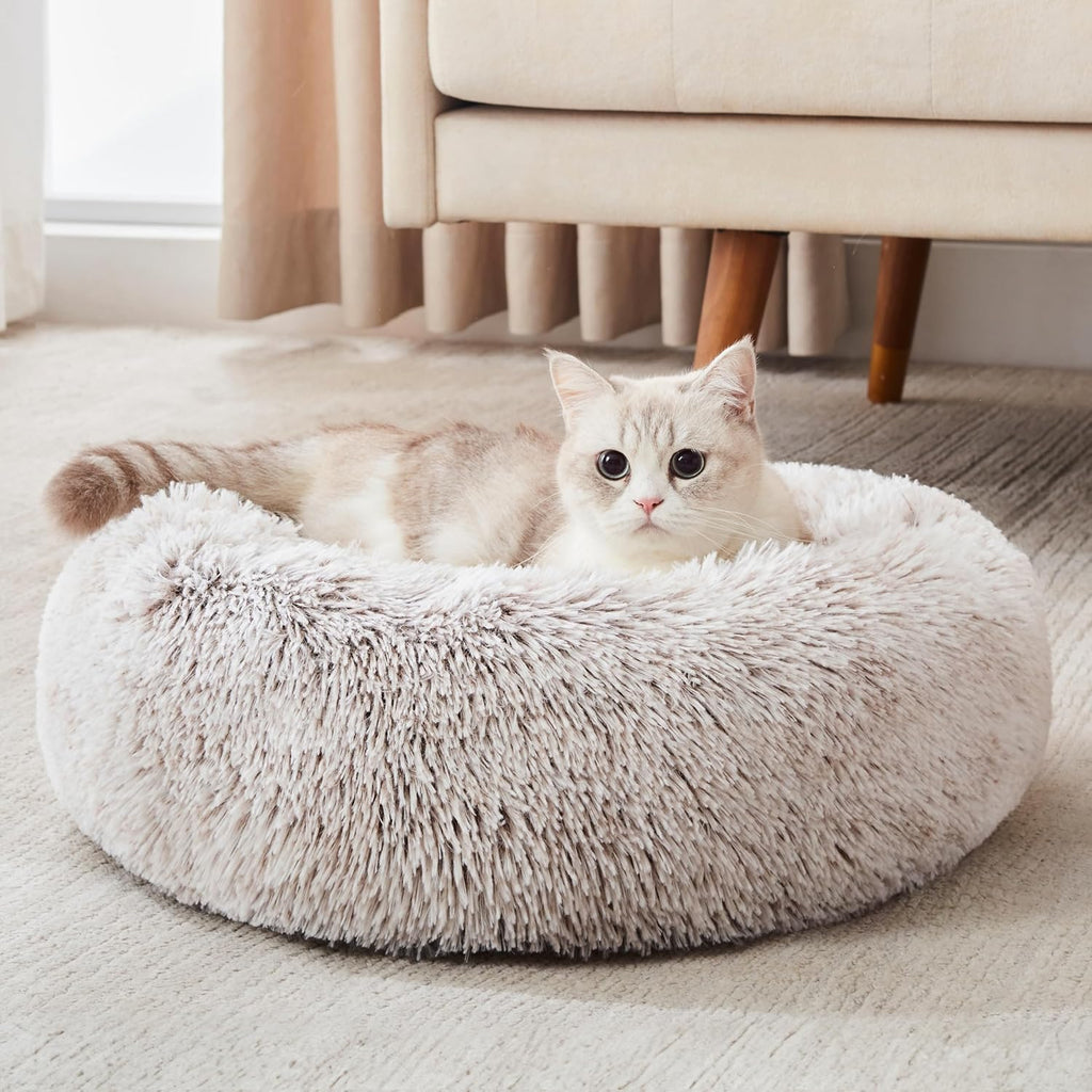 WESTERN HOME WH Calming Soft Round Dog & Cat Bed, Anti-Anxiety Donut Cuddler Warming Cozy Fluffy Faux Fur Plush Cushion Bed for Small Medium Dogs and Cats (20"/24"/27"/30"), Light Grey