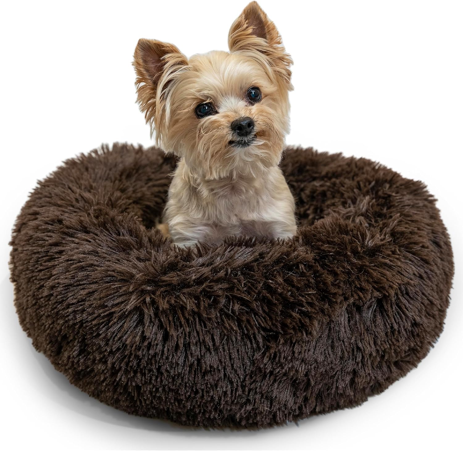 Best Friends by Sheri Original Calming Donut Dog and Cat Bed, Shag Faux Fur, Taupe, (23in x 23in) - Anxiety Relief for Pets Up to 25 lbs
